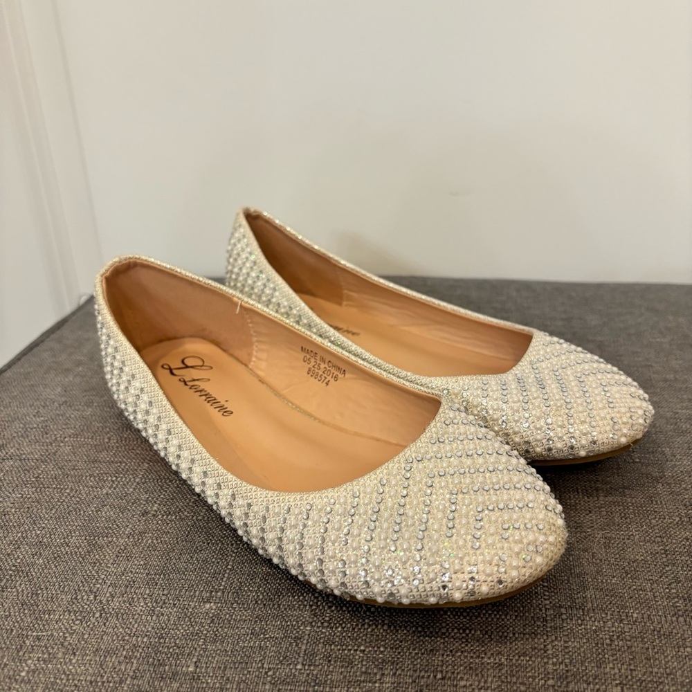 LAUREN LORRAINE Jewel Stuffed Rhinestone Flats Silver Girls Size 3